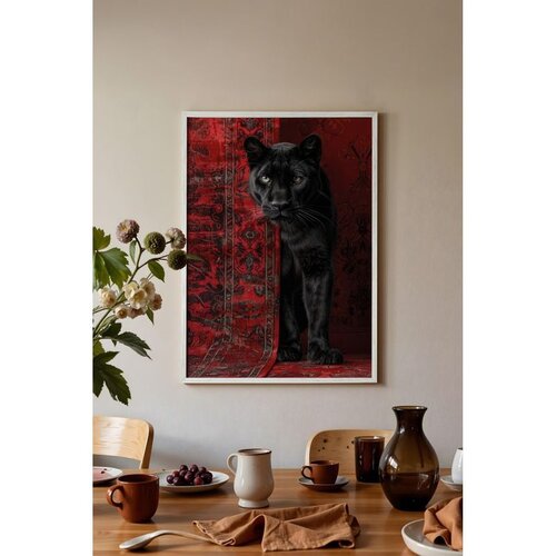 Wallxpert uramljena slika 115238, crni panter na crvenom orijentalnom ćilimu, 30 x 40 cm, beli ram Slike