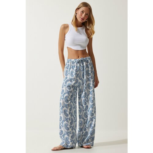 Happiness İstanbul Women's White Light Blue Patterned Raw Linen Palazzo Trousers Cene