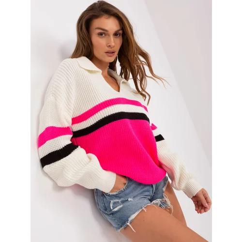 Fashion Hunters Ecru-fluo pink oversize sweater with collar