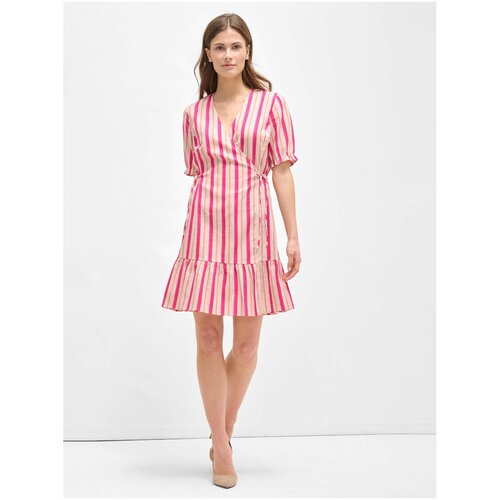 Orsay Pink Striped Wrap Linen Dress - Women Cene