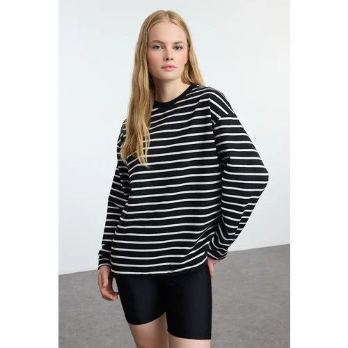 Trendyol Black Striped Oversize/Wide Cut Crew Neck Thin Knitted Sweatshirt