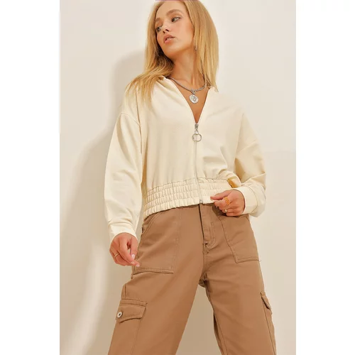 Trend Alaçatı Stili Women's Cream Hooded Zippered Crop Sweatshirt