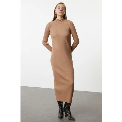 Trendyol Camel Pearl Stone Accessory Knitwear Dress