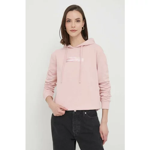 Calvin Klein Jeans Bombažen pulover ženska, roza barva, s kapuco