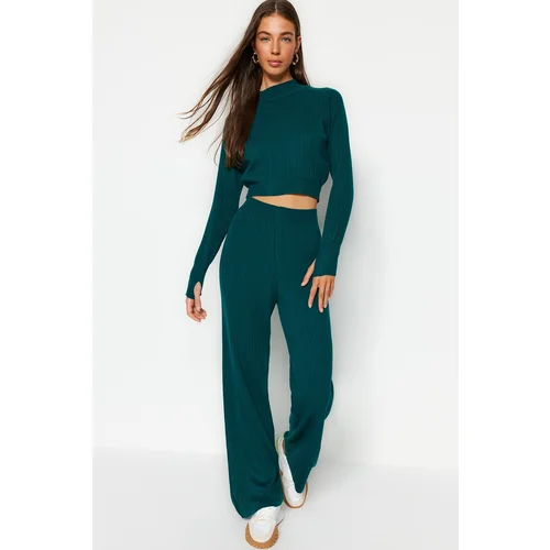 Trendyol Green Crop Corduroy Sweater Bottom-Top Set