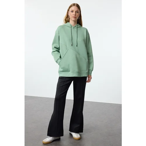 Trendyol Mint Thick Polar Fleece Oversize/Wide Pattern Pocket Detailed Hooded Knitted Sweatshirt