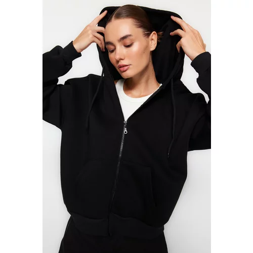 Trendyol Black Oversize/Comfortable Fit Basic Hooded Knitted Sweatshirt with Fleece Inside