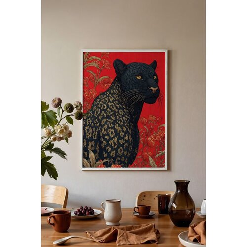 Wallxpert uramljena slika 115269, crni panter sa cvetnim motivima na crvenoj pozadini, 50 x 70 cm, beli ram Cene