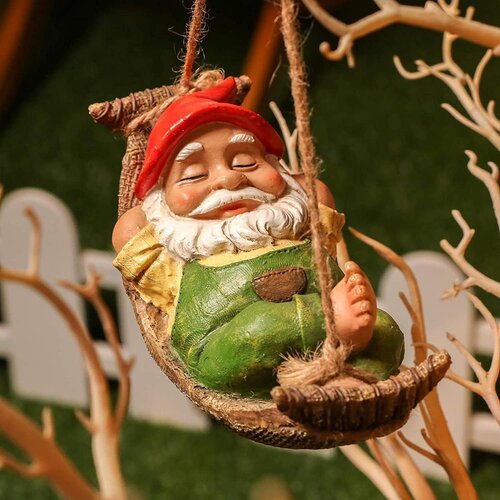 Generic Fun Garden Gnome, Cute Gnome Decorative Outdoor Hanging Statue, Sleeping Gnome in Swing Leaves Hammock Resin Tree Ornament Statue for Stump Branches Lawn Yard Decoration, (21065464) Cene