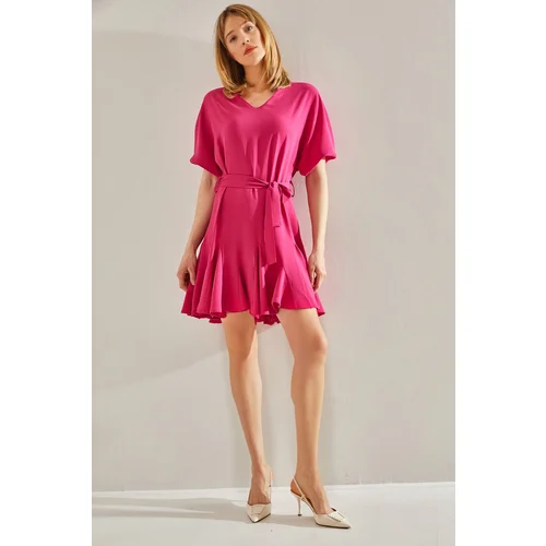 Bianco Lucci Women's Fuchsia Ruffle Detailed V-Neck Belted Dress