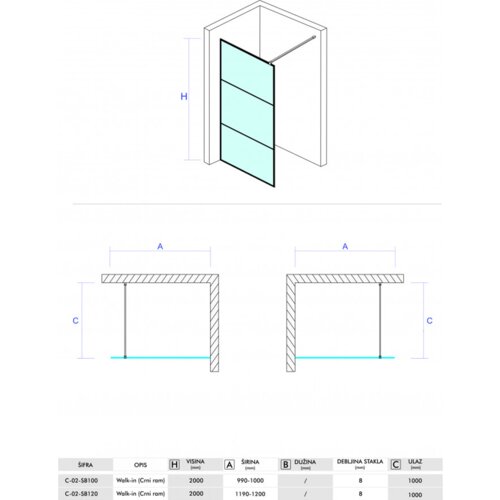Copen stakleni paravan monte crni mat ram - 100 cm Slike
