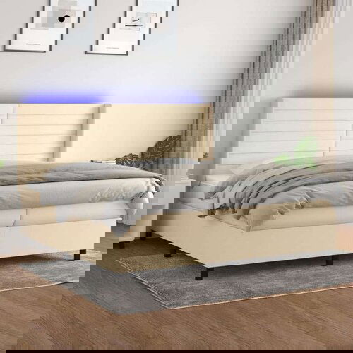  Box spring postelja z vzmetnico LED krem 200x200 cm blago, (20851631) Cene