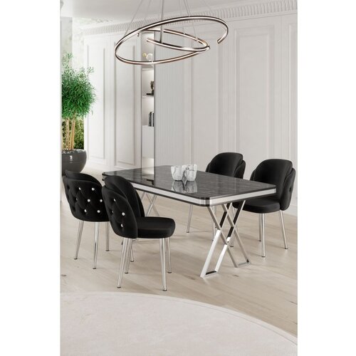 Hanah home Rigel - Black Marble, Chrome, Black Black MarbleChromeBlack Dining Table & Chairs Set (5 Pieces) Cene