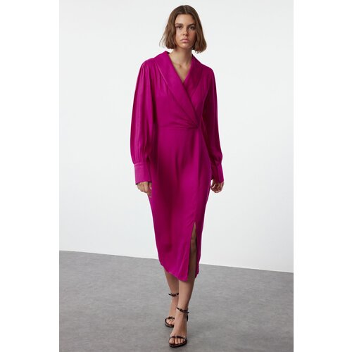 Trendyol Fuchsia Double-breasted Slit Detailed Midi Woven Dress Cene
