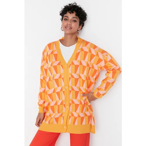 Trendyol Orange Pink Geometric Patterned Button Detailed Knitwear Cardigan