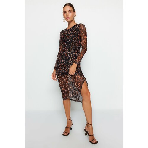 Trendyol Brown Printed Tulle Lined Fitted Gathered Long Sleeve Midi Knitted Dress Slike