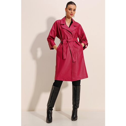 Bigdart 1034 Belted Faux Leather Trench Coat - Claret Red Slike