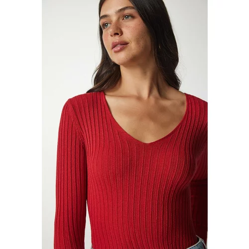 Happiness İstanbul Women's Red Basic Corduroy V-neck Blouse