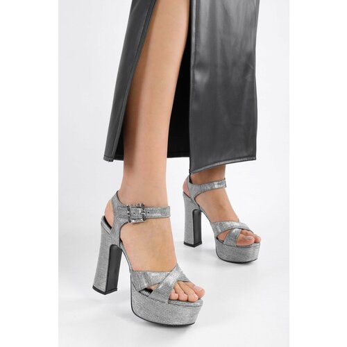 Shoeberry Women's Rhine Platinum Roll Silvery Platform Heel Shoes Cene
