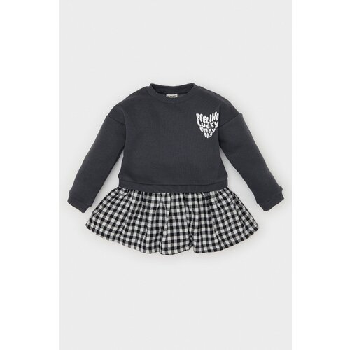 Defacto Baby Girl Crew Neck Printed Long Sleeve Plaid Skirt Sweat Dress Slike