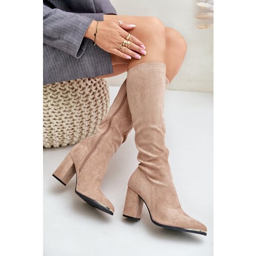 PH2 Eco Suede Knee Boots On Block Heels Beige Batirae Cene