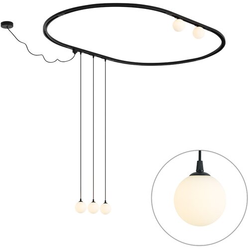 QAZQA Modern ovaal railsysteem zwart met 3 hanglampen en 2 plafondlampen wit 1-fase - Iconic Perle Slike