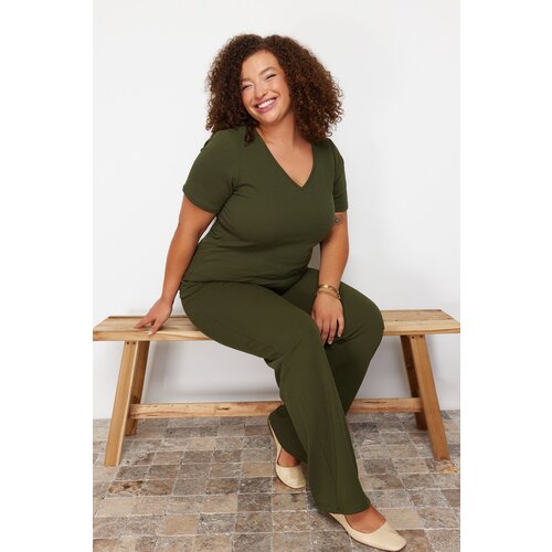 Trendyol Curve Khaki Knitted Large Size Top and Bottom Set Cene