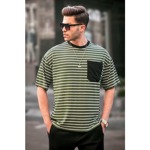 Madmext Men's Khaki Striped Basic T-Shirt 6084 Slike