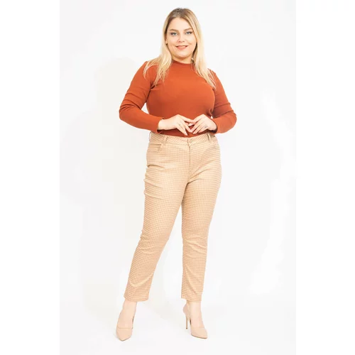 Şans Women's Beige Large Size Houndstooth Patterned Lycra 5 Pocket Trousers