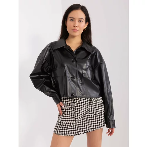 Fashion Hunters Black short jacket made of eco-leather with a collar