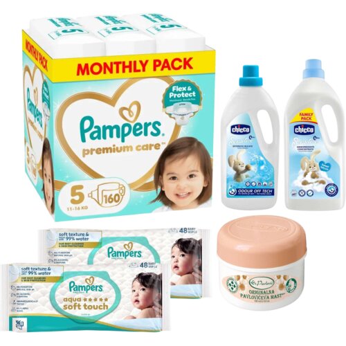 Pampers Pelene Premium Care 5, Monthly, 11-15kg, 160/1, Chicco sta za prajne ve&scaron;a Sensitive, Pavlovićeva mast, Vlažne maramice Aqua Soft Touch Cene