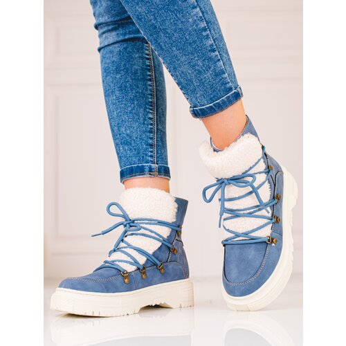 SHELOVET Women&amp;#039;s blue snow boots with sheepskin coat Slike