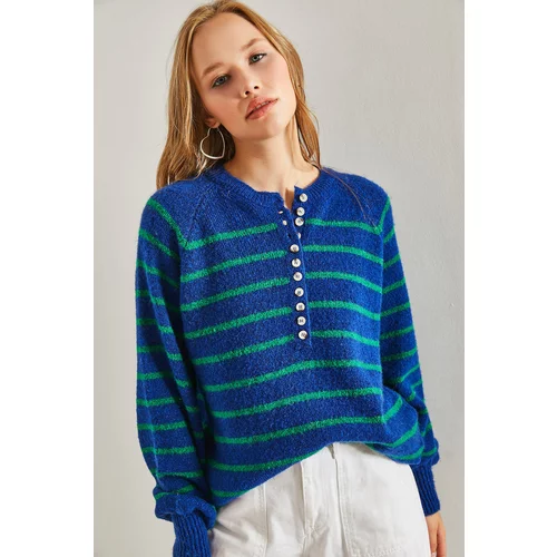 Bianco Lucci Women's Button-down Collar Turtleneck Striped Knitwear Sweater