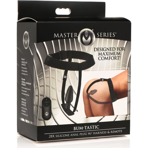 Master Series Bum-Tastic 28X Silicone Anal Plug with Harness & Remote Control Black Cene