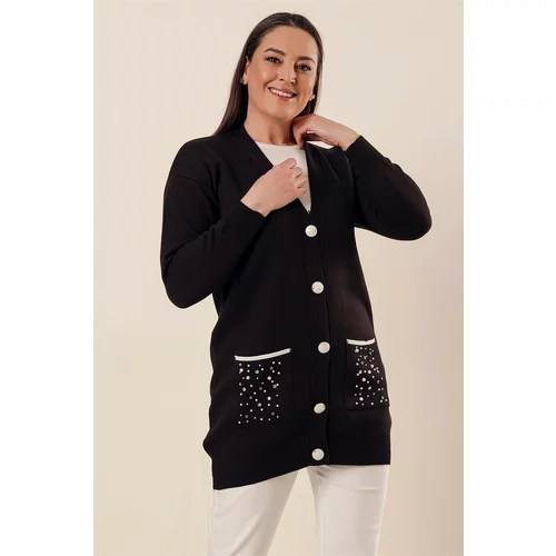 By Saygı Beads And Stones Detail With Pockets And Buttons In The Front Plus Size Acrylic Cardigan Black.