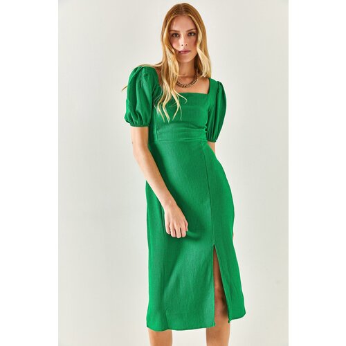 Olalook Women's Grass Green Slit Split Back Low-Cut Midi Dress | ePonuda.com