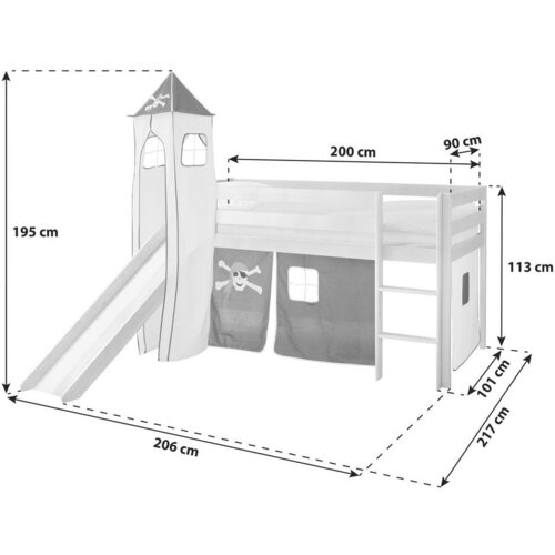 MID.YOU Igralna Postelja Kasper, 90x200, Črna, Tobogan, Stolp Slike
