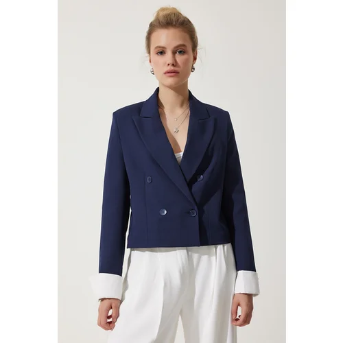  Women's Navy Blue Contrast Cuffed Short Blazer Jacket