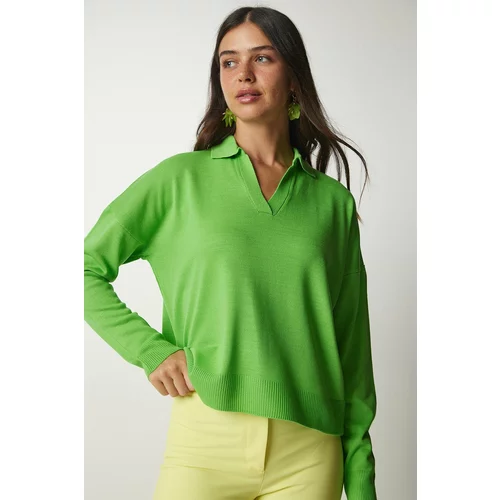 Happiness İstanbul Women's Light Green Polo Collar Basic Sweater