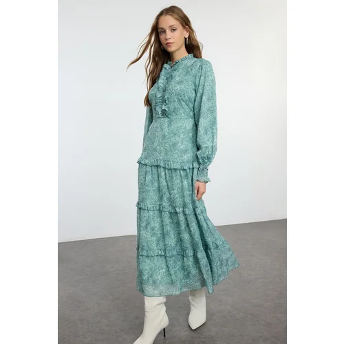 Trendyol Mint Patterned Ruffled Woven Dress