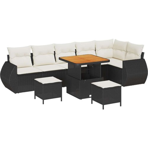  9-dijelni vrtni set sofa s jastučićima Crni Poly Rattan Akacija Vrtna garnitura - 3-dijelni vrtni blagovaonski set s jastučićim Cene