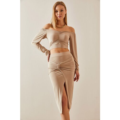 XHAN Beige Bow Detailed Slit Midi Skirt Slike