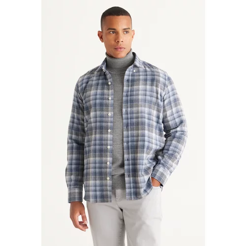 ALTINYILDIZ CLASSICS Men's Blue-White Slim Fit Slim Fit Buttoned Collar Cotton Checkered Flannel Lumberjack Shirt