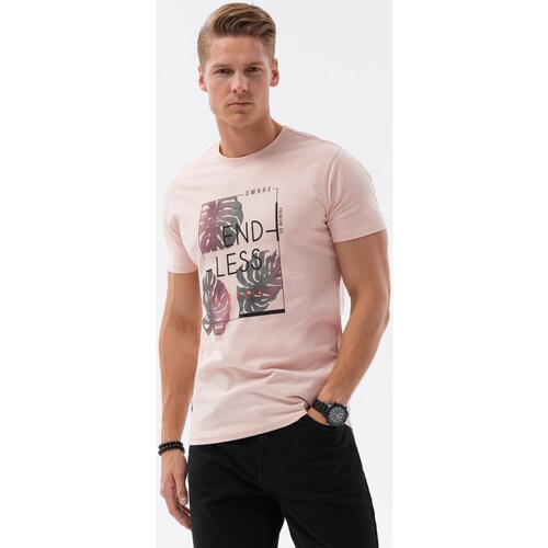Ombre Majice s kratkimi rokavi T-shirt męski bawełniany z nadrukiem - jasnor&amp;oacute;żowa V2 S1741 pisana Slike