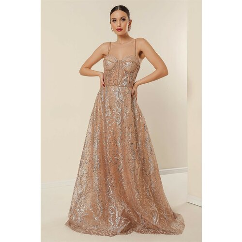 By Saygı With Thread Straps, Beading Detailed, Lined Sequins And Glitter Underwire Long Dress Salmon Slike