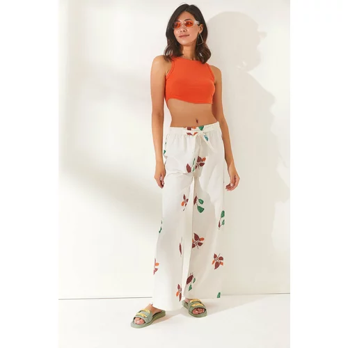 Olalook Women's Floral Tile Belted Patterned Linen Palazzo Pants