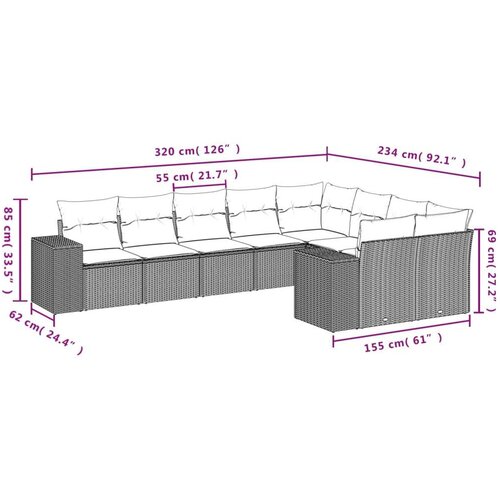 VidaXL 9-dijelni set vrtnih sofa s jastucima crni od poliratana Slike