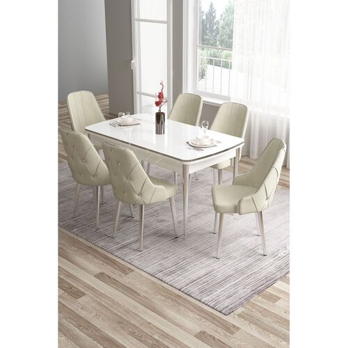 Hanah home trpezarijski set Tia, sto i 6 stolica, bela ploča, hromirane noge, krem tkanina Babyface Cene