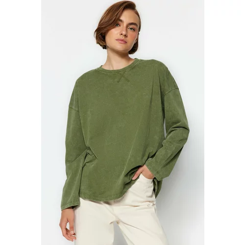 Trendyol Khaki Worn/Faded Effect Relaxed/Comfortable fit Crew Neck Long Sleeve Knitted T-Shirt