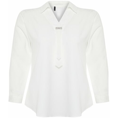 Trendyol Curve White Woven Plus Size Stone Shirt Collar Blouse Cene